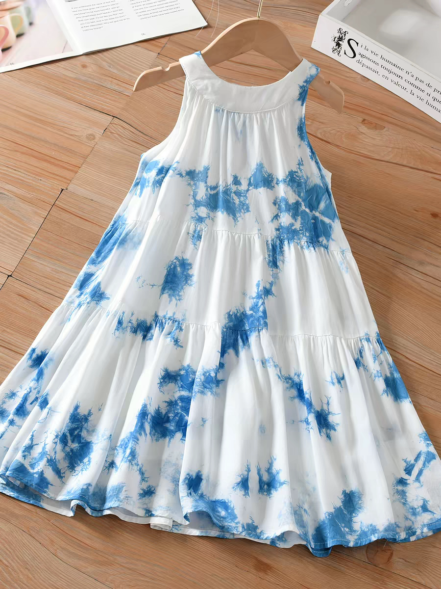 云南植物非遗扎染女童连衣裙贵州手工蓝染洋气纯棉无袖中国风童裙