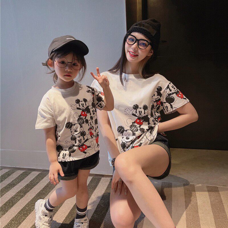 迪斯尼米奇老鼠亲子装t恤短袖纯棉打底衫全家款夏装母女出游父子T