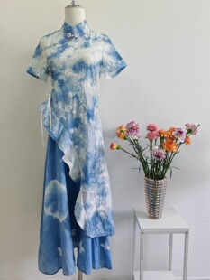 扎染禅茶服裙子民族风女装云南大理白族手工蓝染盘扣旗袍连衣裙长