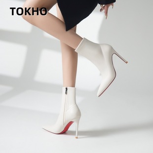 红底版皮靴~新款黑色高跟短靴女靴细跟百搭中 筒加绒弹力时装靴