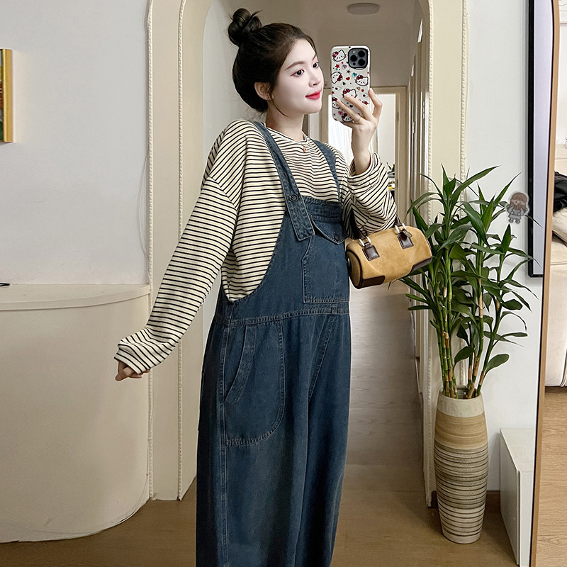 임산부 봄 가을 2024 새로운 복고풍 데님 오버올 루즈한 연령 감소 스트라이프 바닥 슈트 투피스 트렌디 세트