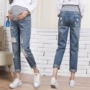 Bà bầu mùa hè mặc quần jeans lỗ bụng mùa hè nâng chín quần mùa thu quần rộng giản dị bên ngoài mặc quần legging mùa thu - Phụ nữ mang thai quần / quần bụng yếm bầu 