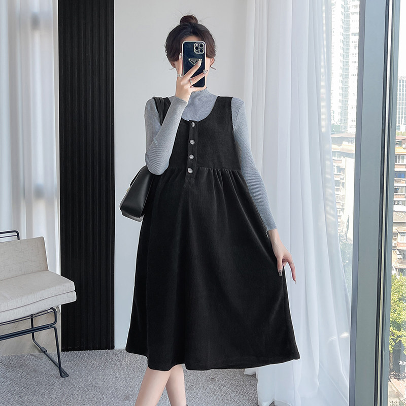 MATERNITY SUIT FASHIONABLE SPRING AND AUTUMN STYLE NEW TEMPERAMENT AGE REDUCTION BELLY COVERING OVER-THE-KNEE MID-LENGTH STRAP SKIRT TWO-PIECE SET