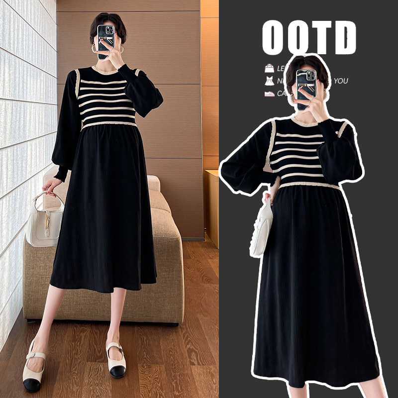 새로운 한국 스타일 인터넷 연예인 출산복 니트 접합 출산 복장 한국 스타일 느슨한 슬리밍 출산 복장 중간 길이