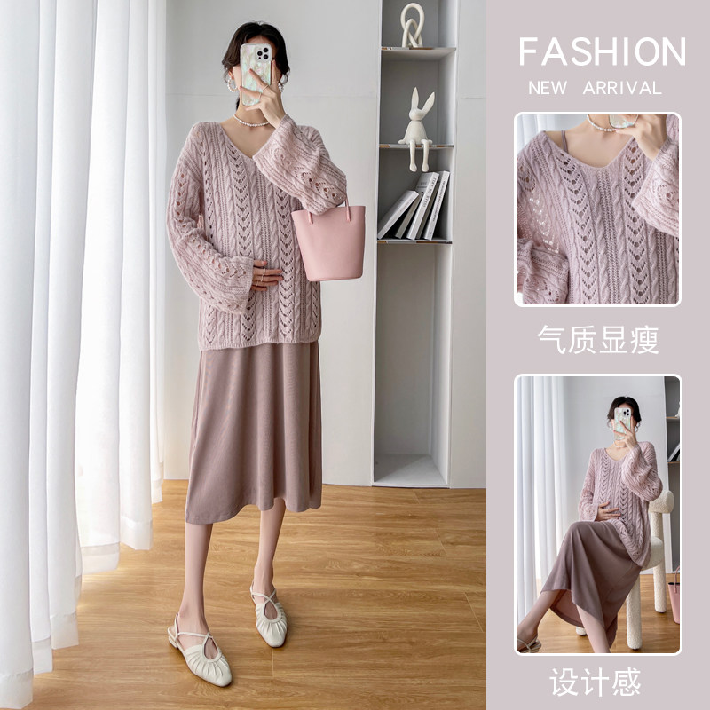 MATERNITY SPRING AND AUTUMN DRESS SET NEW OUTING V-NECK KNITTED SWEATER + SLIP DRESS TWO PIECE SET WOMEN