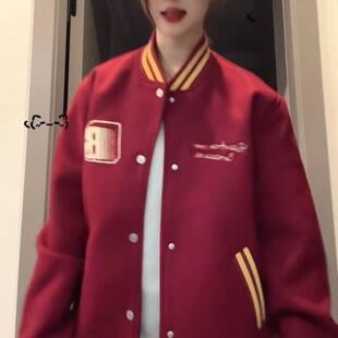 美式高街红色刺绣棒球服外套女春秋季新款初中高学生宽松夹克上衣