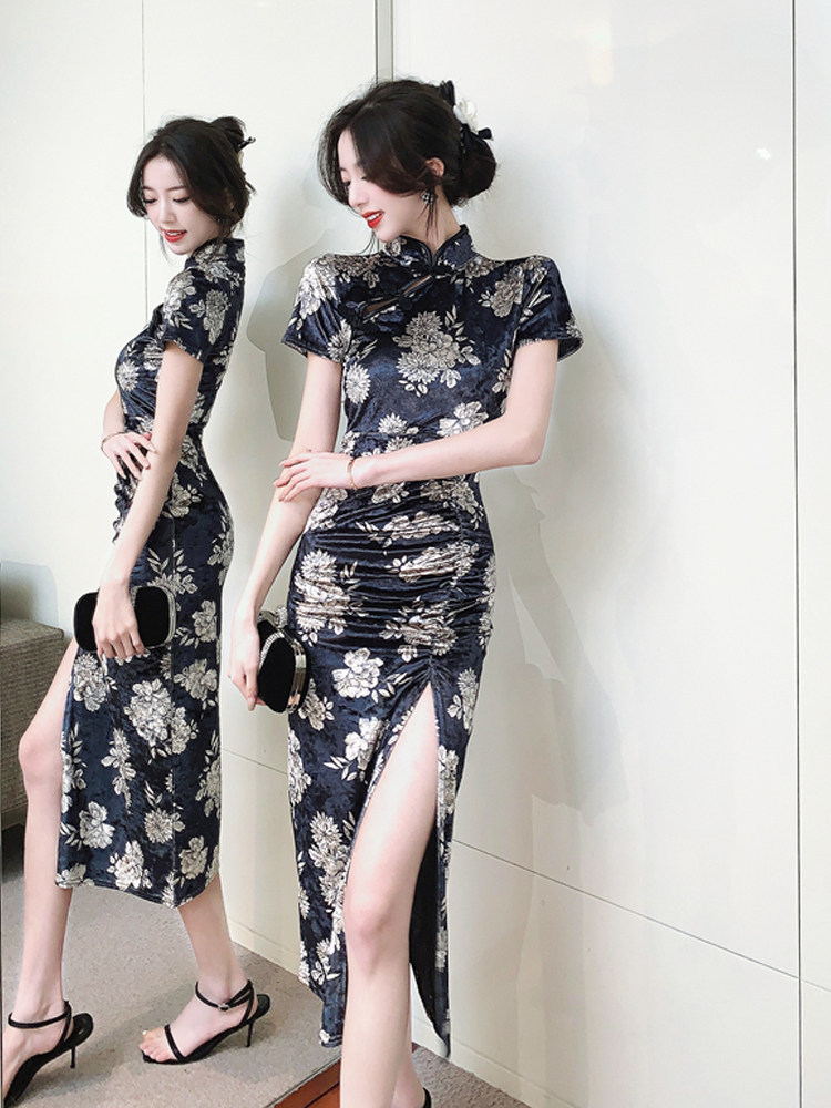 레트로 하이 엔드 벨벳 개선 치파오 중국 스타일 주름 허리 가방 엉덩이 슬릿 인쇄 중간 길이 드레스 봄