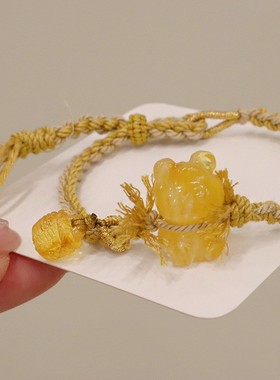 天然蜜蜡小熊手链手工编织珍珠手饰雕工精美立体呆萌可爱小熊手绳