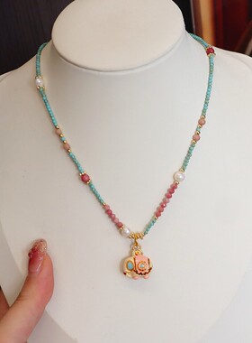 新中式小众设计复古红纹石菱镁矿优化绿松石淡水珍珠项链锁骨链