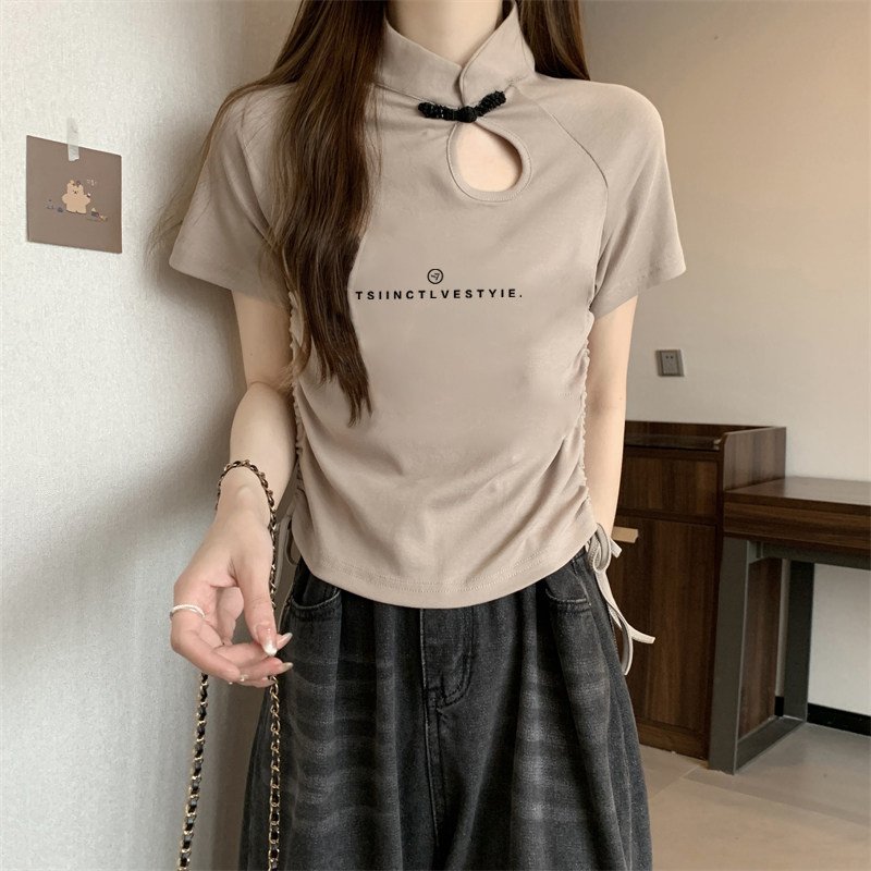 小众国风立领短袖t恤女夏季2025新款短款修身旗袍小衫新中式上衣