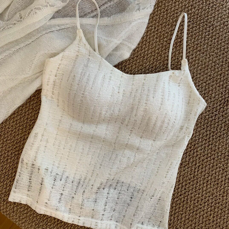 亚麻莫代尔蕾丝吊带背心女带胸垫一体美背无痕内搭细肩带打底上衣