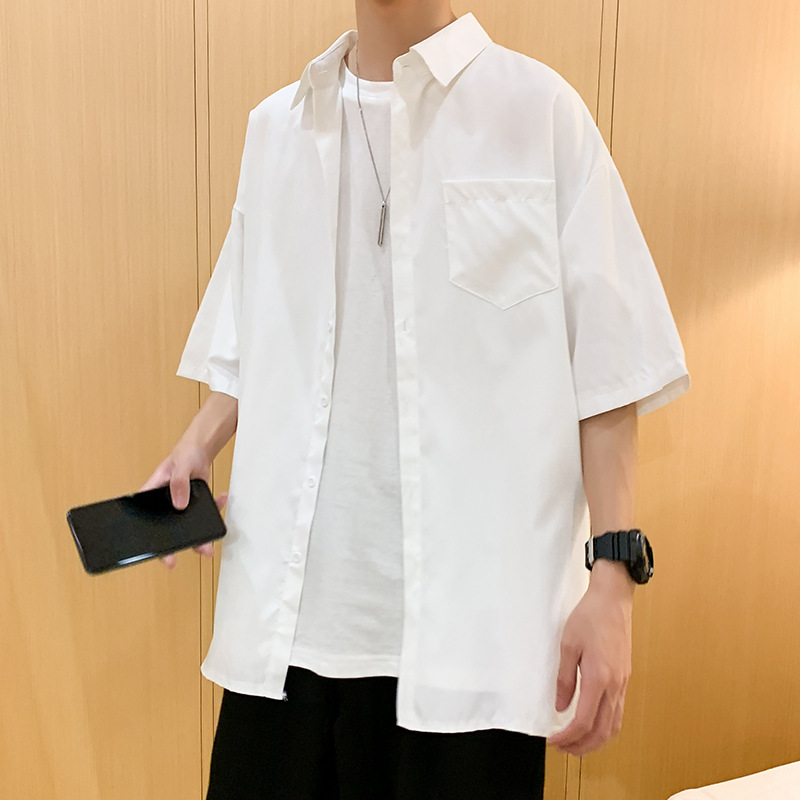 夏季纯色短袖衬衫男韩版潮流百搭宽松港风日系文艺bf五分袖上