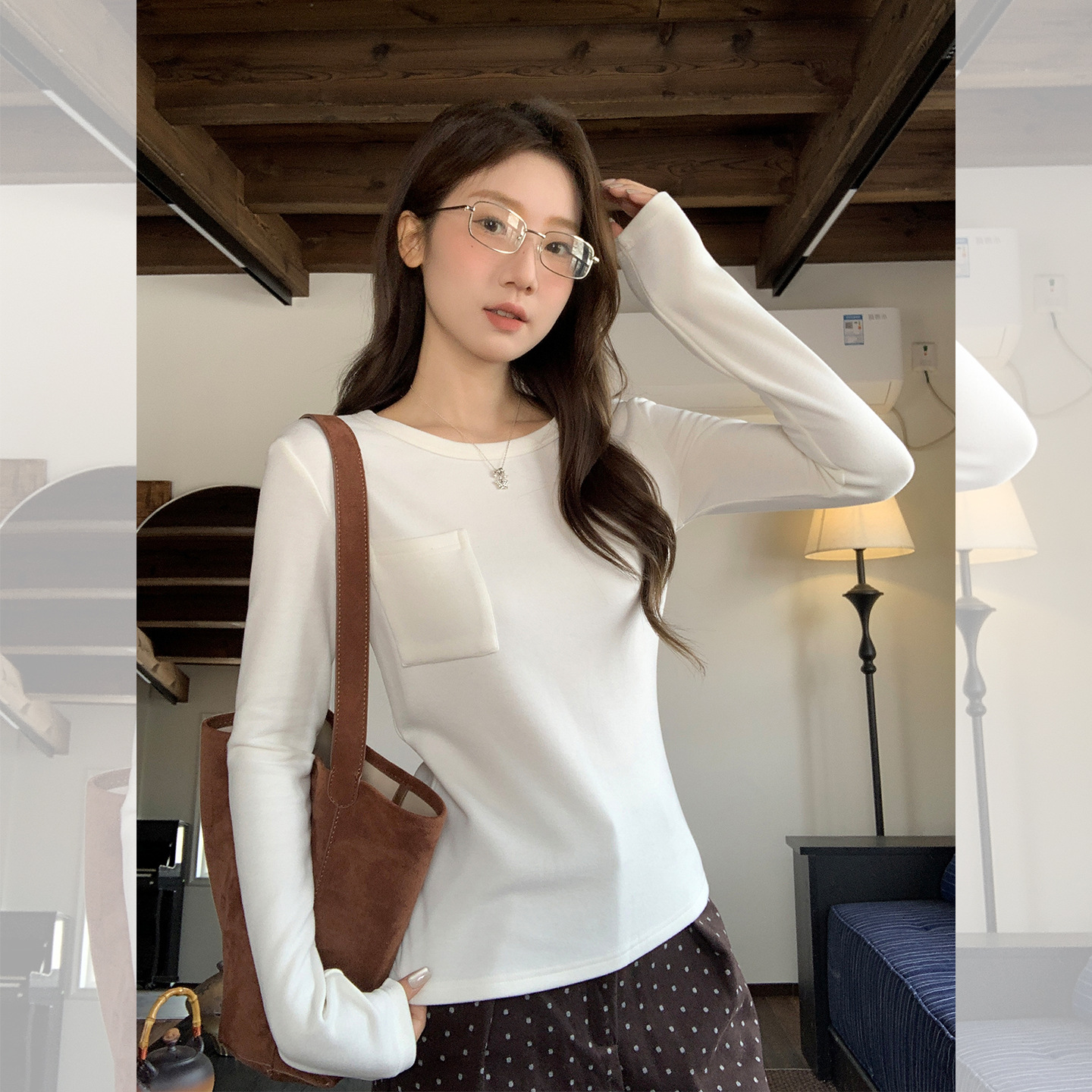 韩系白色圆领口袋长袖磨毛加绒T恤打底衫内搭秋冬穿搭修身上衣女