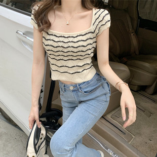黑白条纹针织方领上衣女设计感小众夏短款修身T恤短袖通勤打底衫