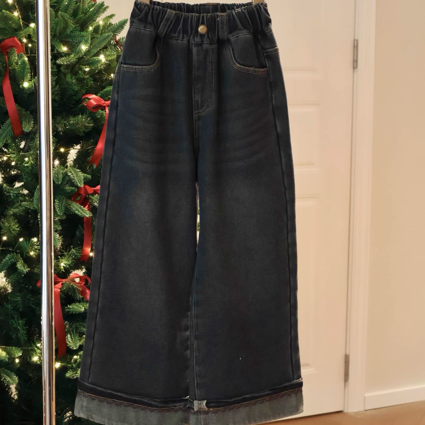 秋冬女童一体绒加厚阔腿牛仔裤