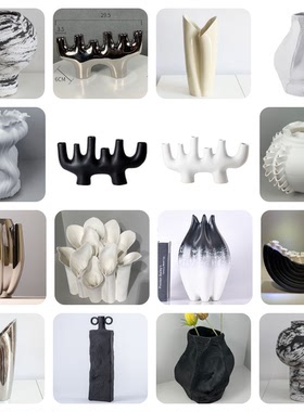 北欧极简黑白多孔抽象高级花器艺术花瓶工艺品摆件家居样板房软装