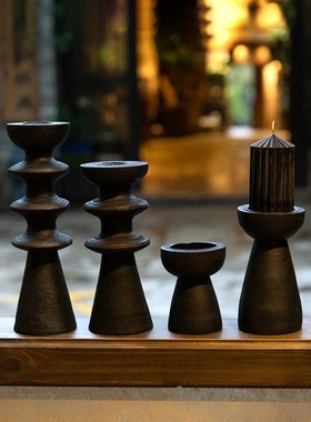 中古风黑色泡桐木艺术烛台摆件家居软装饰品客厅餐桌蜡烛托复古