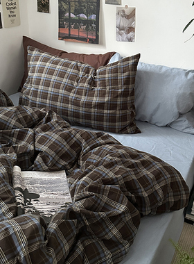 纯棉水洗棉床上四件套被套床单宿舍三件套色织全棉复古简约ins风