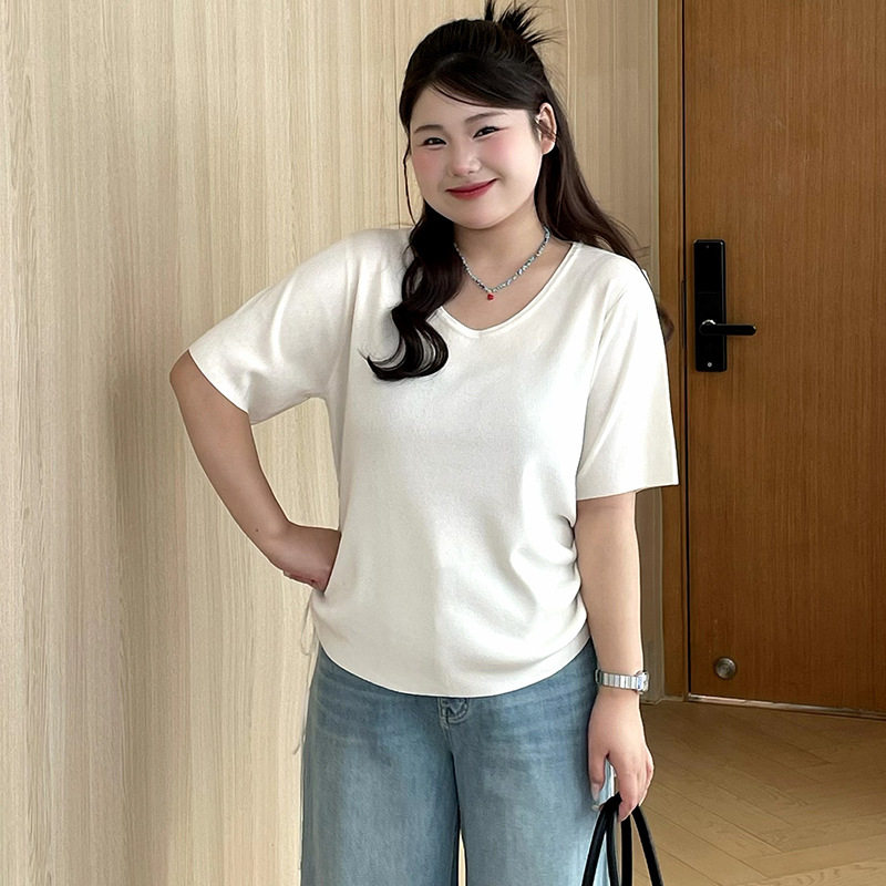 乃粒23769大码女装抽绳上衣显瘦条纹衫2026夏胖mm宽松针织短袖t恤