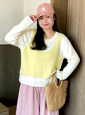 大码女装撞色假两件上衣女毛衣2025秋款胖mm休闲宽松针织衫22825