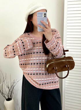 大码外搭圆领镂空上衣女宽松慵懒感毛衣2025秋款胖mm针织衫23552