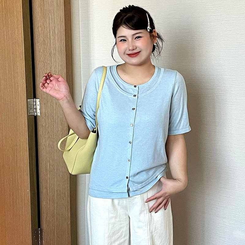 乃粒23766大码女装假两件上衣女短袖t恤2026春胖mm宽松休闲针织衫