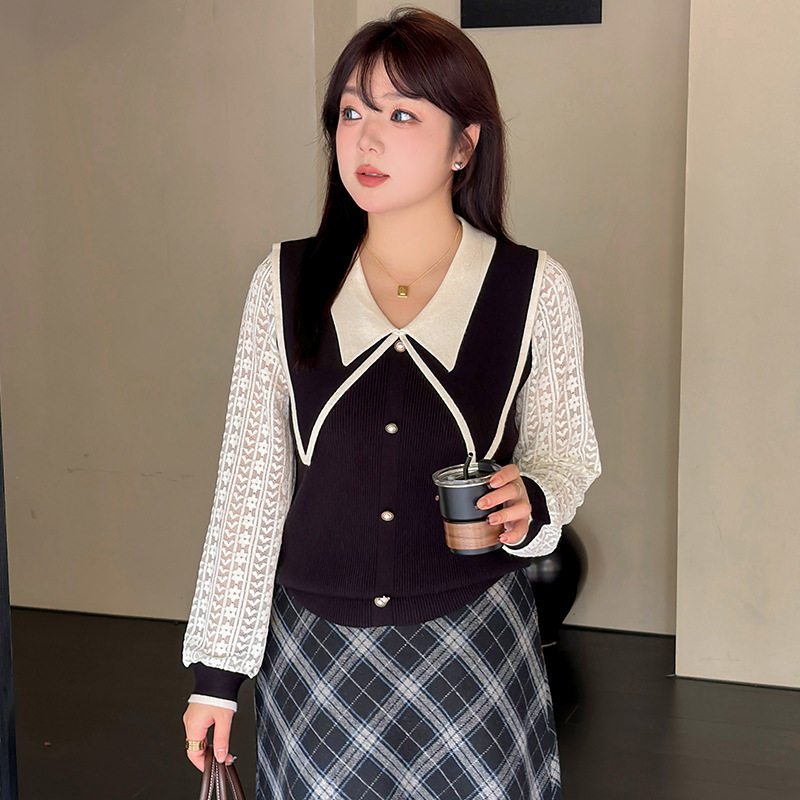乃粒大码毛衣减龄学院风气质胖mm200斤拼接蕾丝长袖针织衫女22633