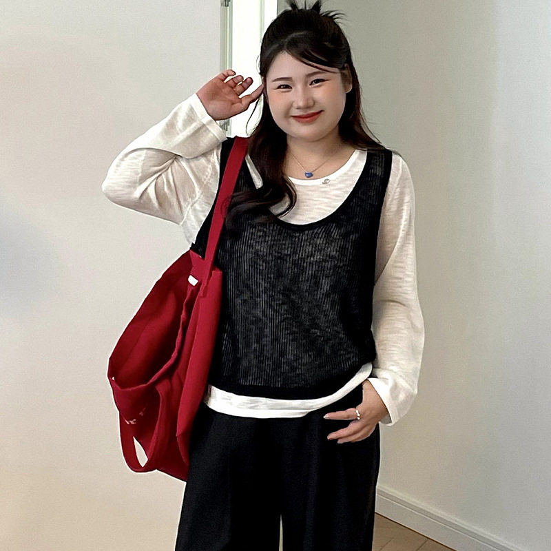 23901大码女装撞色假两件上衣2026春胖mm宽松休闲长袖针织衫乃粒