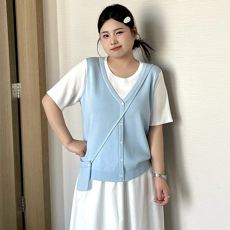 正品23931大码女装撞色假两件上衣搭包包针织衫2026夏胖mm短袖t恤