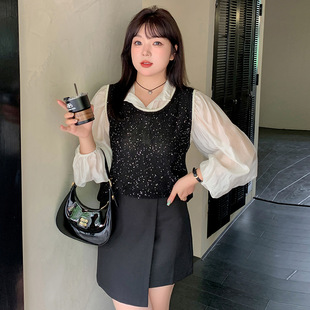 背心女大码女装洋气珠片无袖上衣2025春胖mm外穿内搭针织马甲乃粒