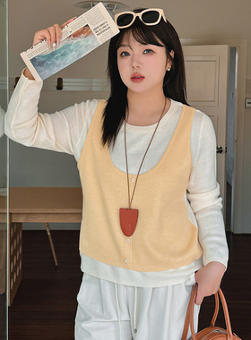 大码女装撞色假两件上衣女毛衣2025春季新款胖mm宽松针织衫22825