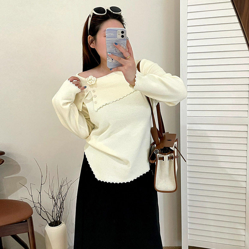 乃粒23596大码女装设计感花朵一字领上衣25冬胖mm气质针织衫毛衣