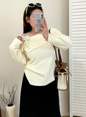 乃粒23596大码女装设计感花朵一字领上衣25冬胖mm气质针织衫毛衣