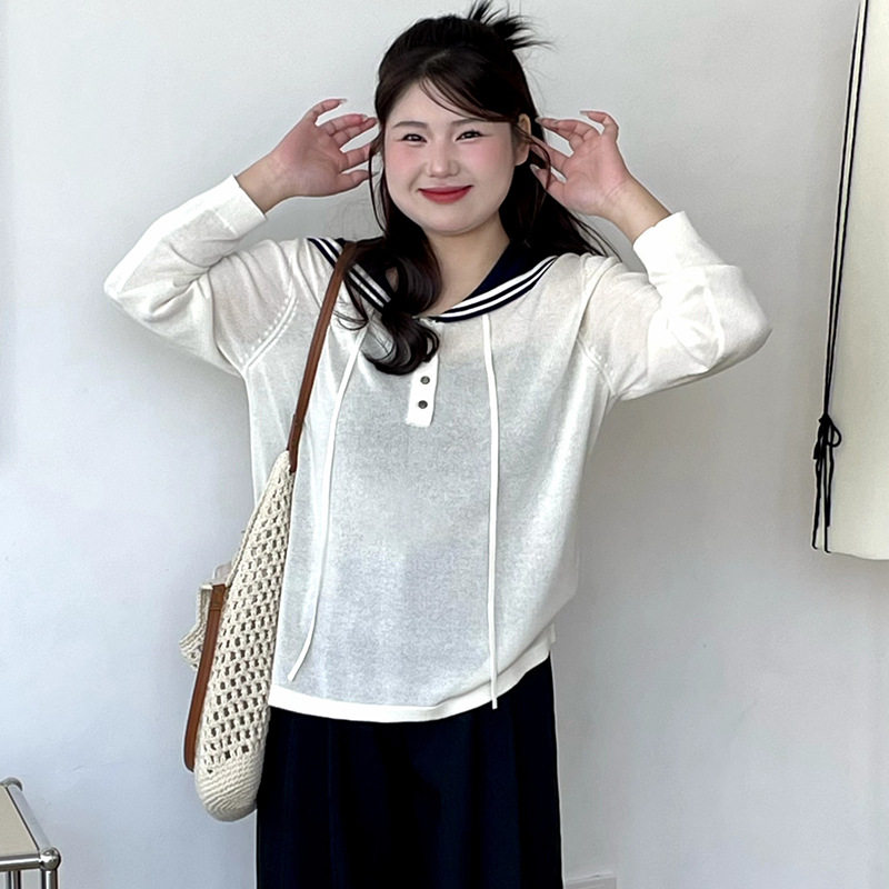 乃粒23816大码女装气质学院风海军领上衣26春胖mm薄款宽松针织衫