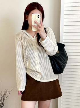 大码女装v领连帽镂空上衣2025秋胖mm百搭宽松休闲针织衫23176乃粒