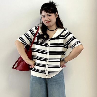 正品23839大码女装学院风v领条纹衫女短袖t恤2026夏款胖mm针织衫