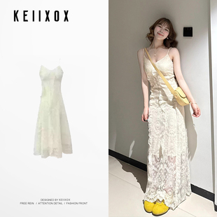 法式 海边度假风V领蕾丝吊带连衣裙子女夏季 收腰绝美气质仙女长裙