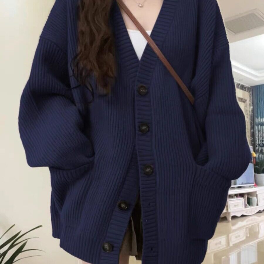大码胖MM毛衣外套女秋冬装2025新款韩系宽松藏蓝色多巴胺针织
