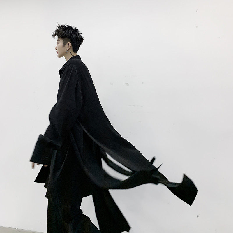 春秋痞帅心机衬衫设计感禁欲系男装假两件很仙网红长款飘逸衬衫男