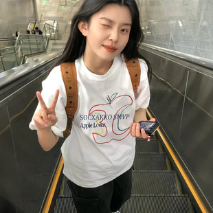 夏季纯棉短袖t恤女2026新款爆款美式高街超好看小众宽松正肩上衣