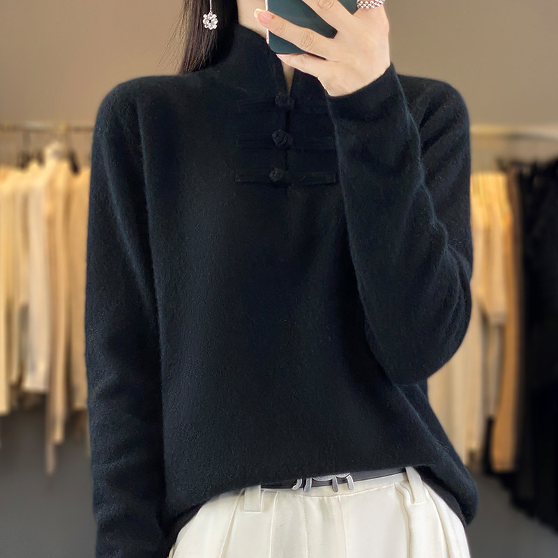 中国风复古盘扣纯色德绒打底衫女2024秋冬新款半高领上衣宽松保暖,女装/女士精品,毛针织衫,淘宝优惠券,粉丝福利购,淘宝优惠卷