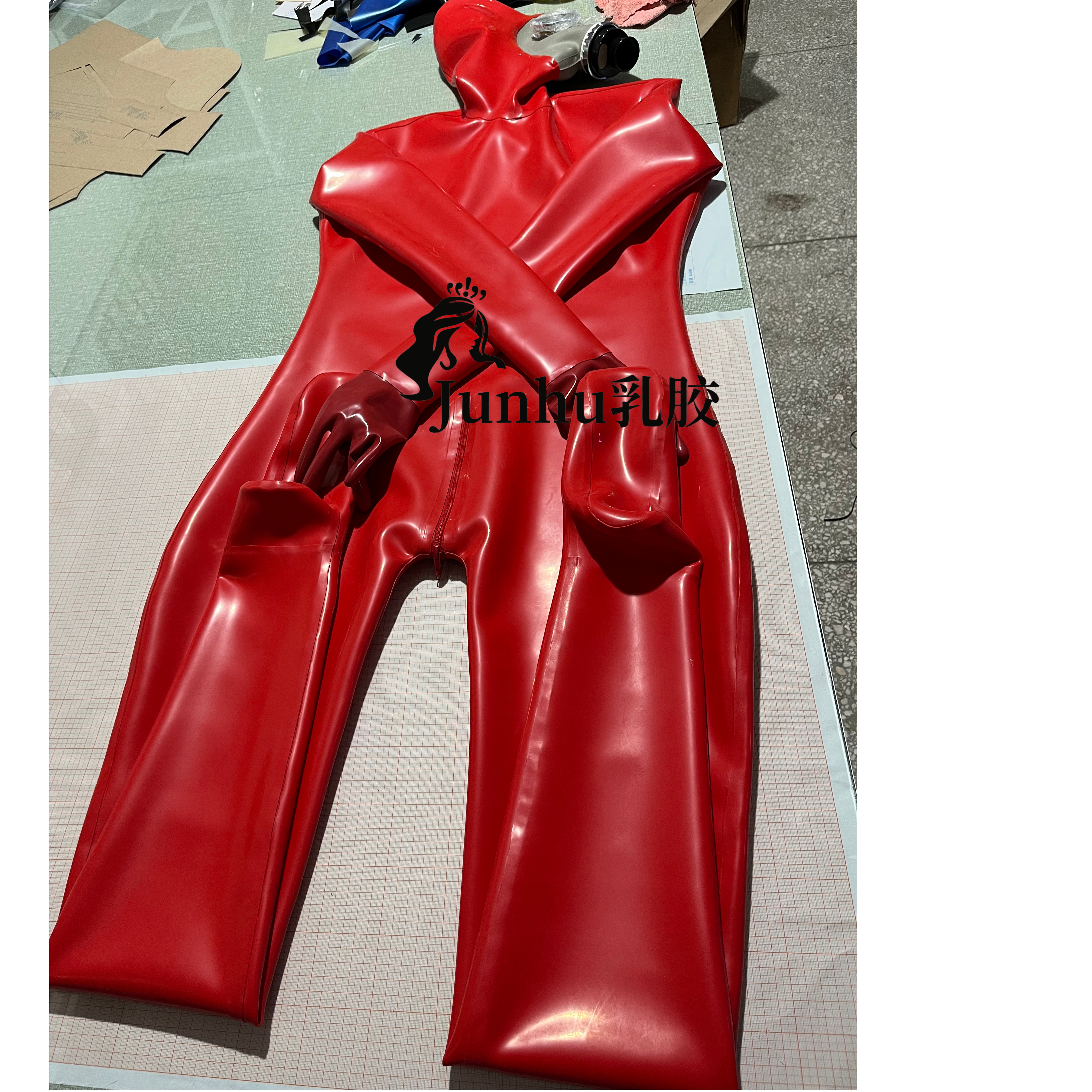 男士1.0mm乳胶紧身衣带防毒面具橡胶连体衣后背裆部拉链cospaly