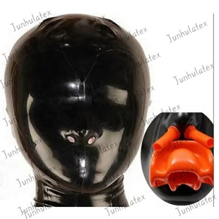 性感乳胶风帽配红色手镯鼻管后拉链橡胶恋物癖面具