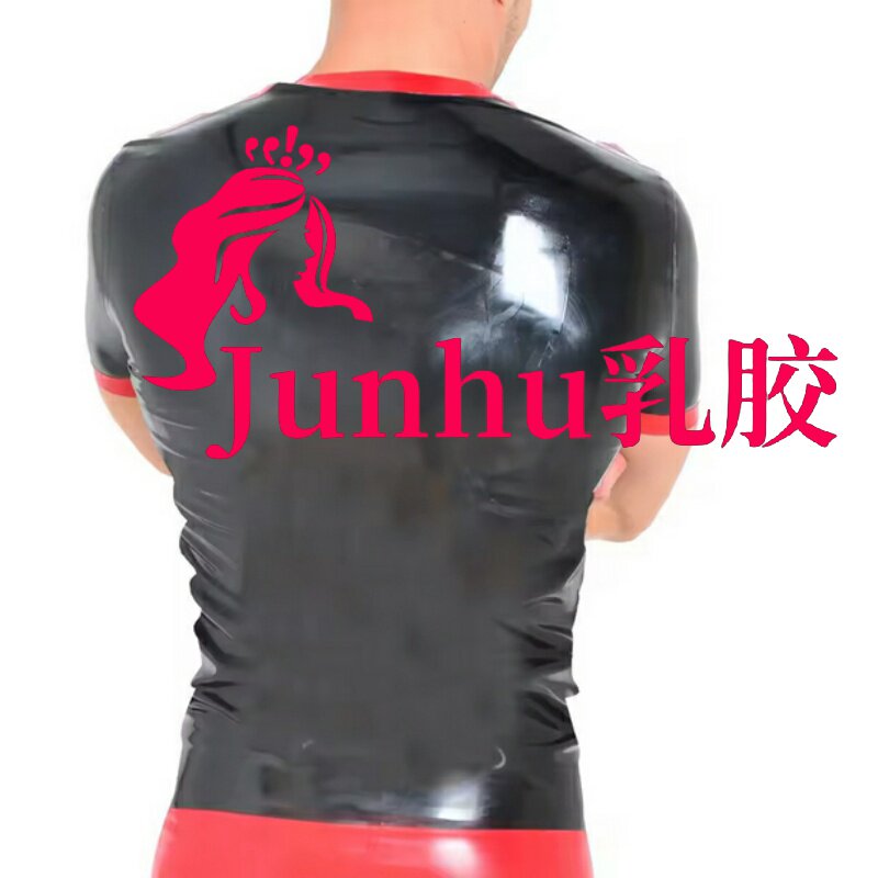男士乳胶圆领条纹T恤黑色和红色