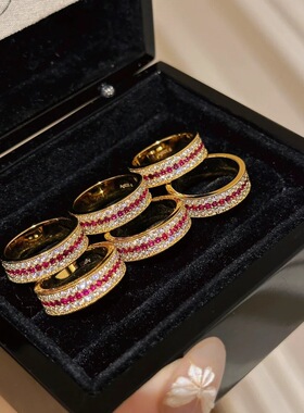 复古本命年红刚玉排钻戒指重工高级感轻奢蔷薇三排钻红宝石食指戒