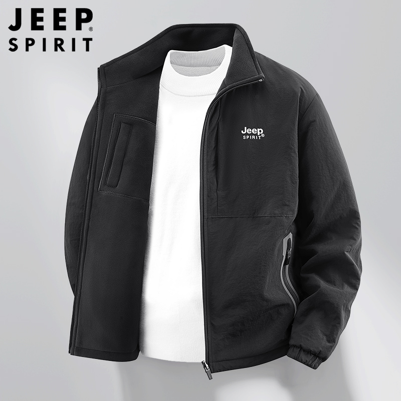 吉普外套男2025新款春秋双面穿爸爸加绒冬装立领运动休闲男士夹克