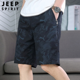 拉链口袋宽松五分裤 JEEP印花黑色纯棉短裤 休闲裤 潮牌潮流夏季 男士