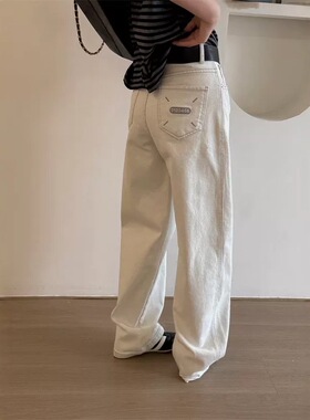 欧货爆款牛仔裤女2025早秋新款老钱灰白色弯刀裤宽松高端直筒显瘦