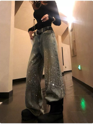 深圳南油牛仔裤女2026早春巴黎爆闪裤复古轻奢直筒阔腿裤重工满钻