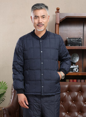 新款秋冬季外穿中老年鸭绒丝内胆绒丝裤两件套爸爸羽丝服加厚套装